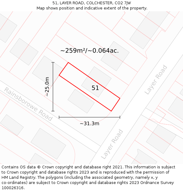 51, LAYER ROAD, COLCHESTER, CO2 7JW: Plot and title map