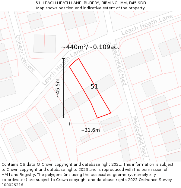 51, LEACH HEATH LANE, RUBERY, BIRMINGHAM, B45 9DB: Plot and title map