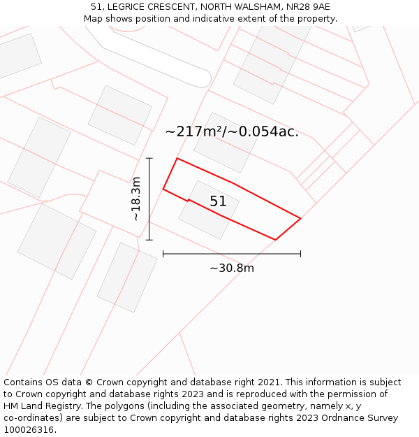 51, LEGRICE CRESCENT, NORTH WALSHAM, NR28 9AE: Plot and title map