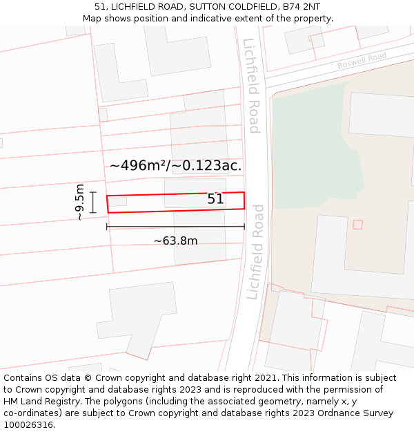 51, LICHFIELD ROAD, SUTTON COLDFIELD, B74 2NT: Plot and title map