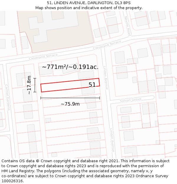 51, LINDEN AVENUE, DARLINGTON, DL3 8PS: Plot and title map