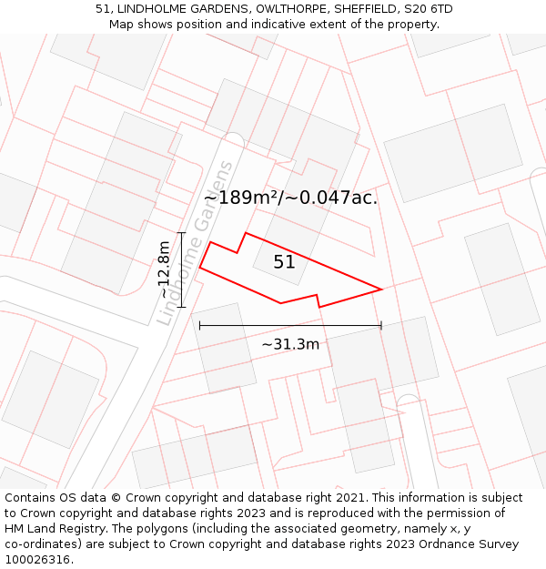51, LINDHOLME GARDENS, OWLTHORPE, SHEFFIELD, S20 6TD: Plot and title map