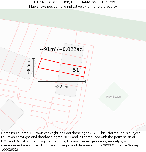 51, LINNET CLOSE, WICK, LITTLEHAMPTON, BN17 7GW: Plot and title map
