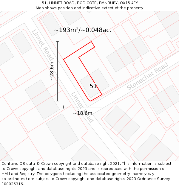 51, LINNET ROAD, BODICOTE, BANBURY, OX15 4FY: Plot and title map