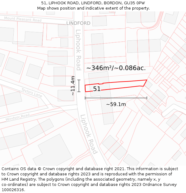 51, LIPHOOK ROAD, LINDFORD, BORDON, GU35 0PW: Plot and title map
