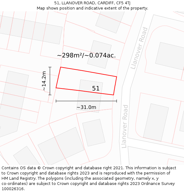 51, LLANOVER ROAD, CARDIFF, CF5 4TJ: Plot and title map