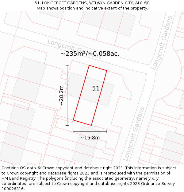 51, LONGCROFT GARDENS, WELWYN GARDEN CITY, AL8 6JR: Plot and title map