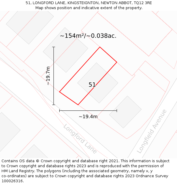 51, LONGFORD LANE, KINGSTEIGNTON, NEWTON ABBOT, TQ12 3RE: Plot and title map
