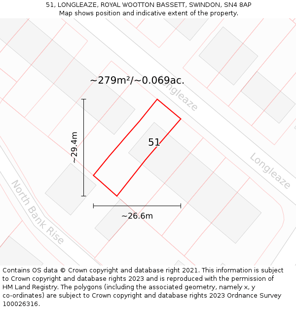 51, LONGLEAZE, ROYAL WOOTTON BASSETT, SWINDON, SN4 8AP: Plot and title map