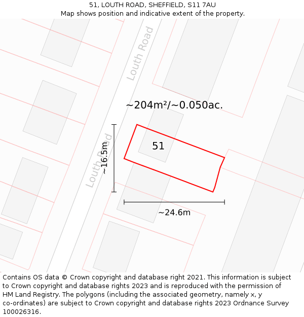 51, LOUTH ROAD, SHEFFIELD, S11 7AU: Plot and title map