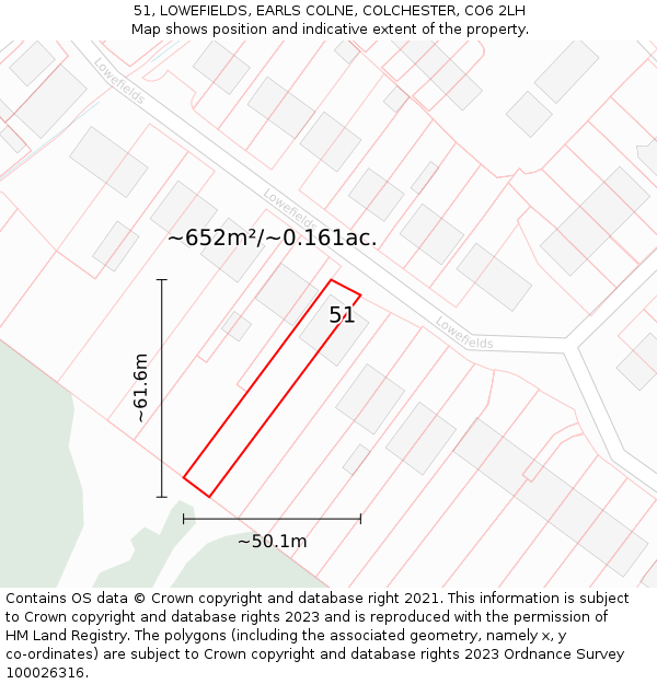51, LOWEFIELDS, EARLS COLNE, COLCHESTER, CO6 2LH: Plot and title map