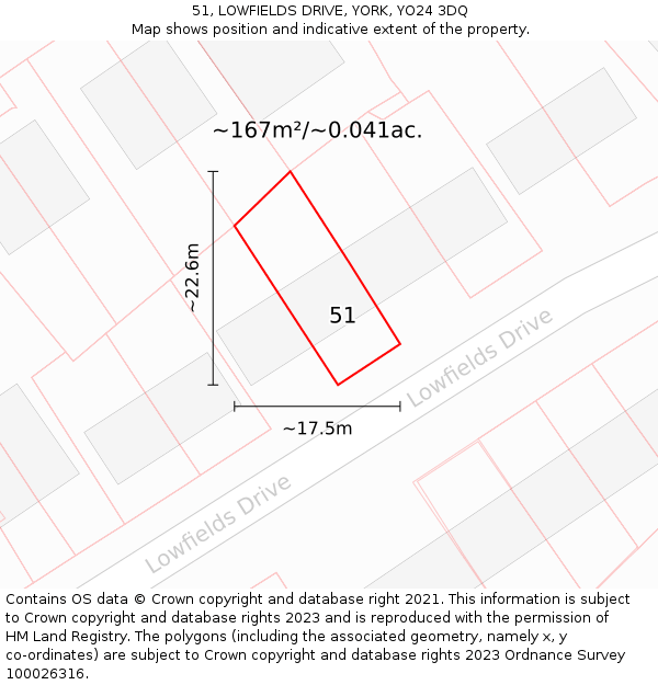 51, LOWFIELDS DRIVE, YORK, YO24 3DQ: Plot and title map