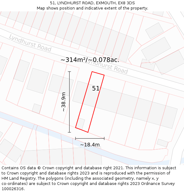 51, LYNDHURST ROAD, EXMOUTH, EX8 3DS: Plot and title map