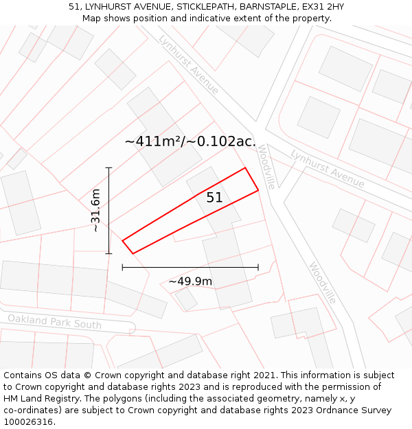 51, LYNHURST AVENUE, STICKLEPATH, BARNSTAPLE, EX31 2HY: Plot and title map