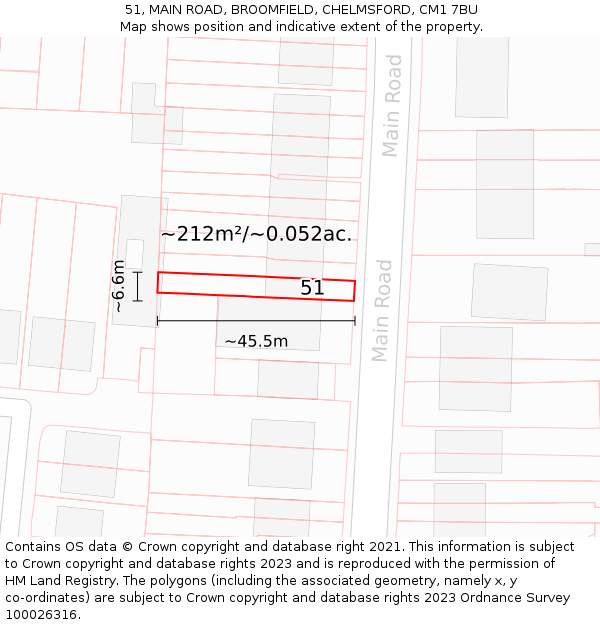 51, MAIN ROAD, BROOMFIELD, CHELMSFORD, CM1 7BU: Plot and title map