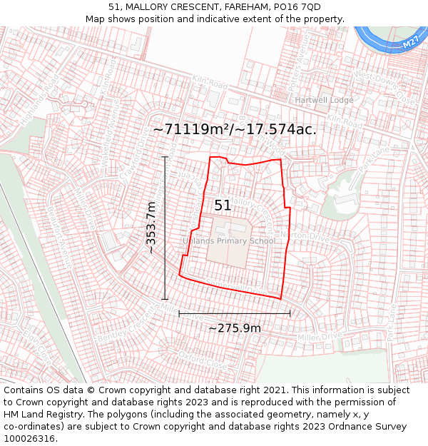 51, MALLORY CRESCENT, FAREHAM, PO16 7QD: Plot and title map
