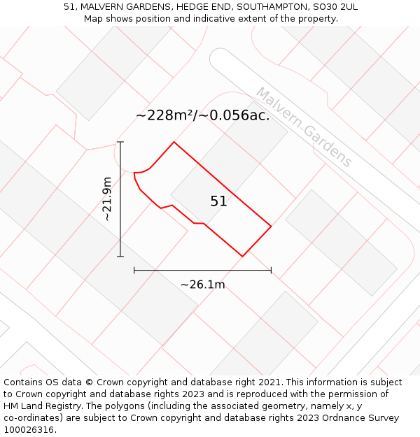 51, MALVERN GARDENS, HEDGE END, SOUTHAMPTON, SO30 2UL: Plot and title map