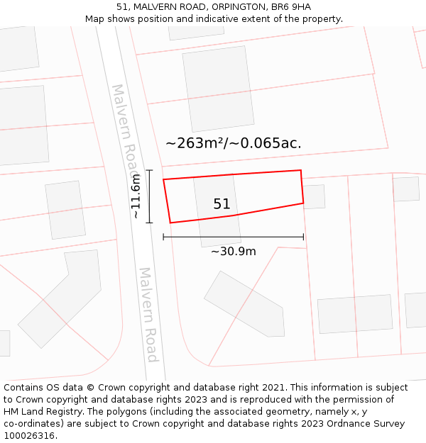 51, MALVERN ROAD, ORPINGTON, BR6 9HA: Plot and title map