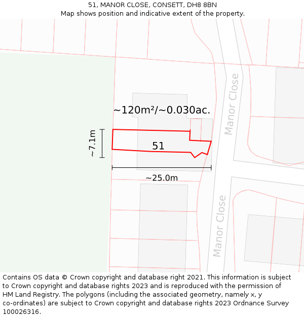 51, MANOR CLOSE, CONSETT, DH8 8BN: Plot and title map