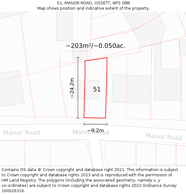 51, MANOR ROAD, OSSETT, WF5 0BB: Plot and title map