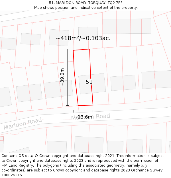 51, MARLDON ROAD, TORQUAY, TQ2 7EF: Plot and title map