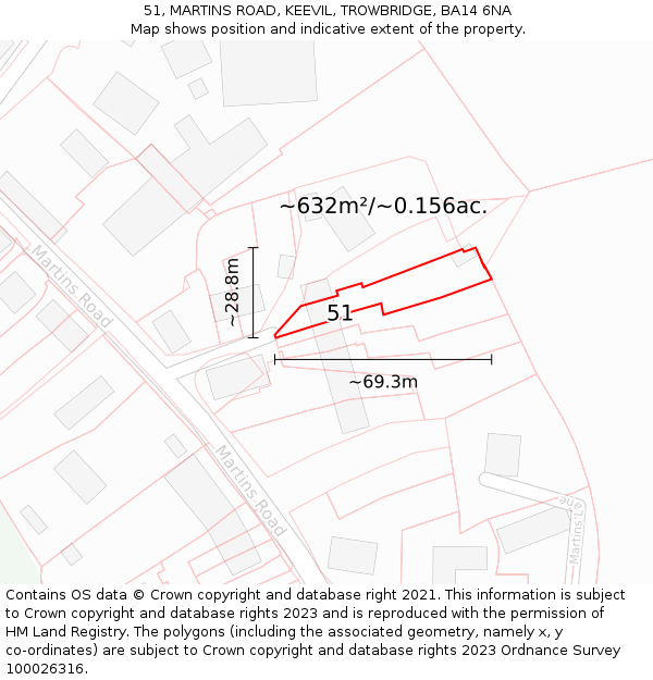 51, MARTINS ROAD, KEEVIL, TROWBRIDGE, BA14 6NA: Plot and title map