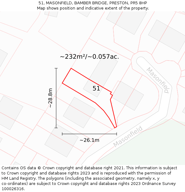 51, MASONFIELD, BAMBER BRIDGE, PRESTON, PR5 8HP: Plot and title map