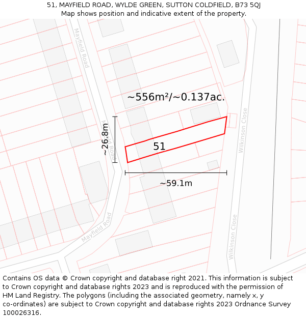 51, MAYFIELD ROAD, WYLDE GREEN, SUTTON COLDFIELD, B73 5QJ: Plot and title map