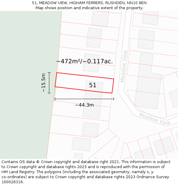 51, MEADOW VIEW, HIGHAM FERRERS, RUSHDEN, NN10 8EN: Plot and title map