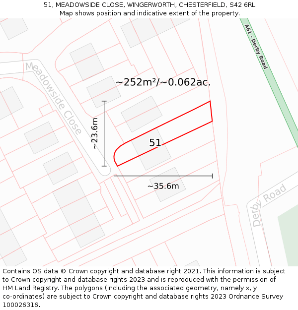 51, MEADOWSIDE CLOSE, WINGERWORTH, CHESTERFIELD, S42 6RL: Plot and title map