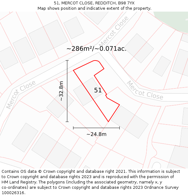 51, MERCOT CLOSE, REDDITCH, B98 7YX: Plot and title map