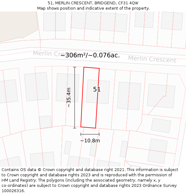 51, MERLIN CRESCENT, BRIDGEND, CF31 4QW: Plot and title map