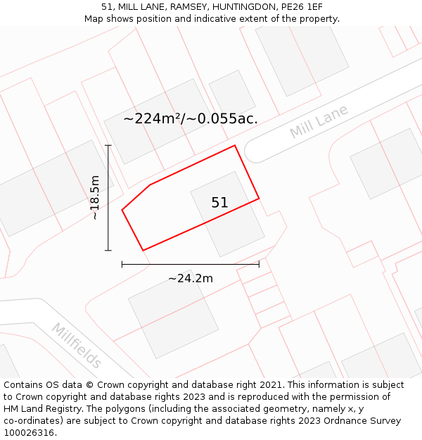 51, MILL LANE, RAMSEY, HUNTINGDON, PE26 1EF: Plot and title map