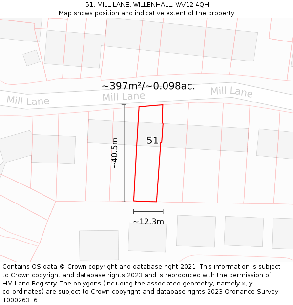 51, MILL LANE, WILLENHALL, WV12 4QH: Plot and title map