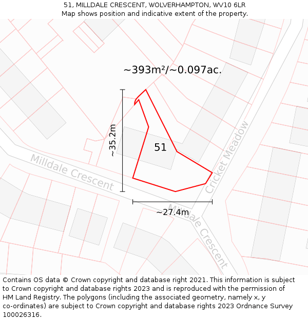 51, MILLDALE CRESCENT, WOLVERHAMPTON, WV10 6LR: Plot and title map