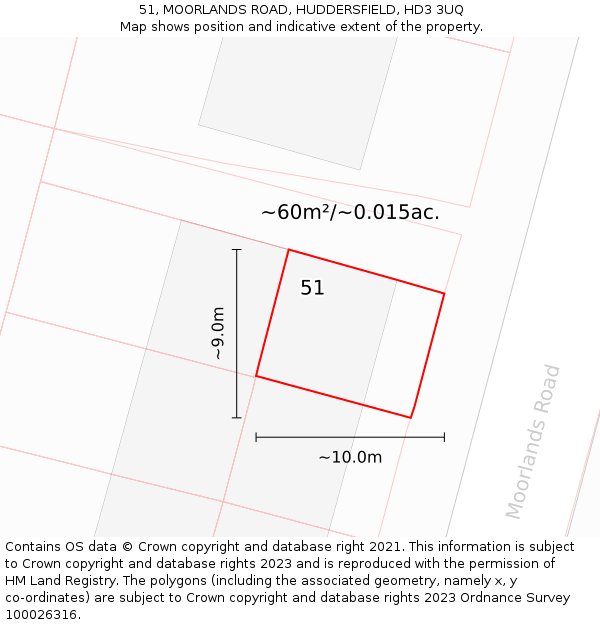 51, MOORLANDS ROAD, HUDDERSFIELD, HD3 3UQ: Plot and title map