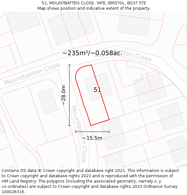 51, MOUNTBATTEN CLOSE, YATE, BRISTOL, BS37 5TE: Plot and title map