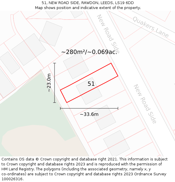 51, NEW ROAD SIDE, RAWDON, LEEDS, LS19 6DD: Plot and title map