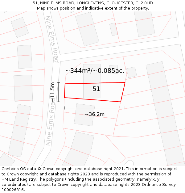 51, NINE ELMS ROAD, LONGLEVENS, GLOUCESTER, GL2 0HD: Plot and title map