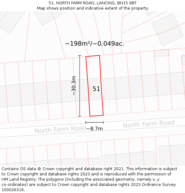 51, NORTH FARM ROAD, LANCING, BN15 9BT: Plot and title map