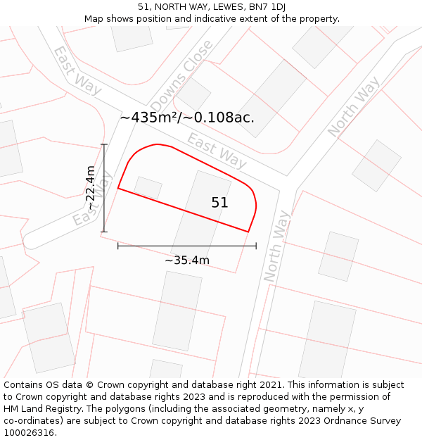 51, NORTH WAY, LEWES, BN7 1DJ: Plot and title map
