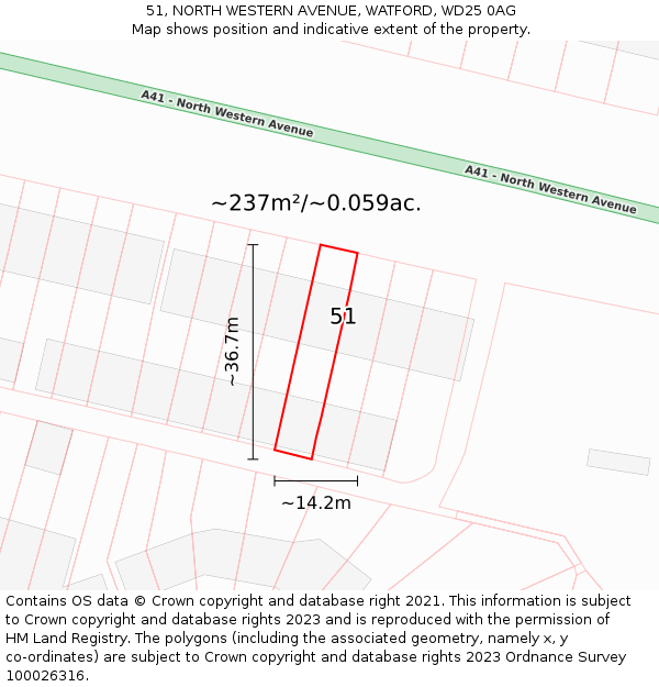 51, NORTH WESTERN AVENUE, WATFORD, WD25 0AG: Plot and title map
