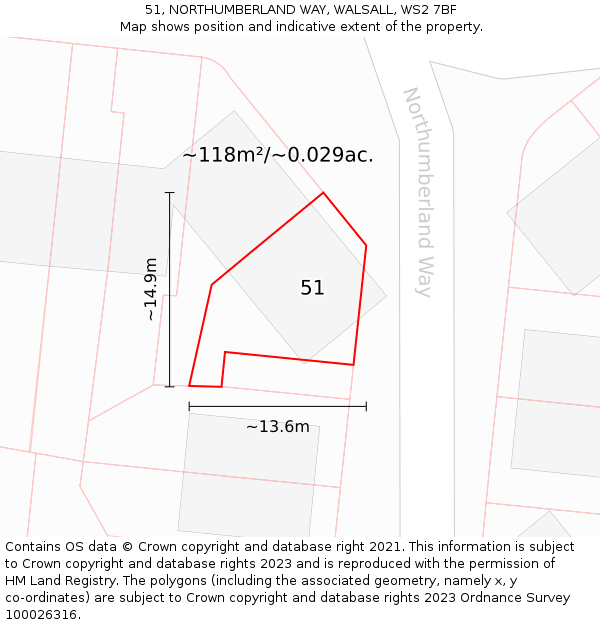 51, NORTHUMBERLAND WAY, WALSALL, WS2 7BF: Plot and title map
