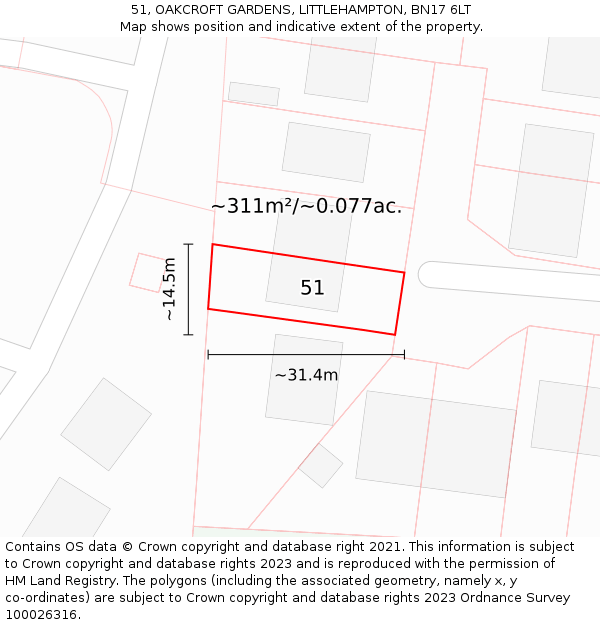 51, OAKCROFT GARDENS, LITTLEHAMPTON, BN17 6LT: Plot and title map