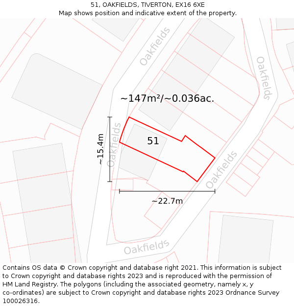 51, OAKFIELDS, TIVERTON, EX16 6XE: Plot and title map