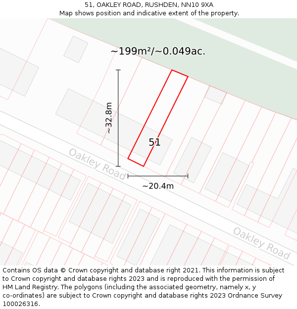 51, OAKLEY ROAD, RUSHDEN, NN10 9XA: Plot and title map