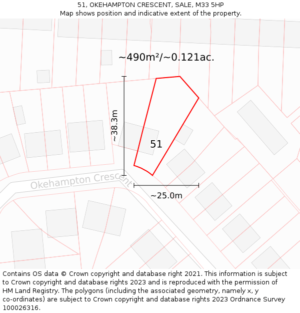 51, OKEHAMPTON CRESCENT, SALE, M33 5HP: Plot and title map