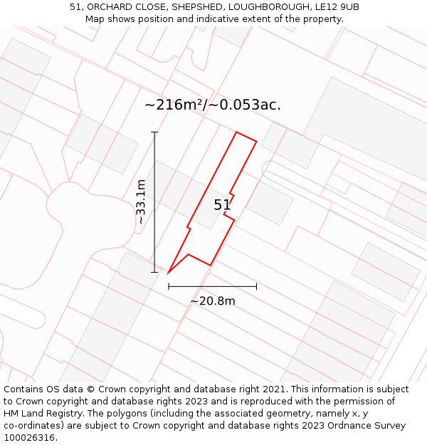 51, ORCHARD CLOSE, SHEPSHED, LOUGHBOROUGH, LE12 9UB: Plot and title map
