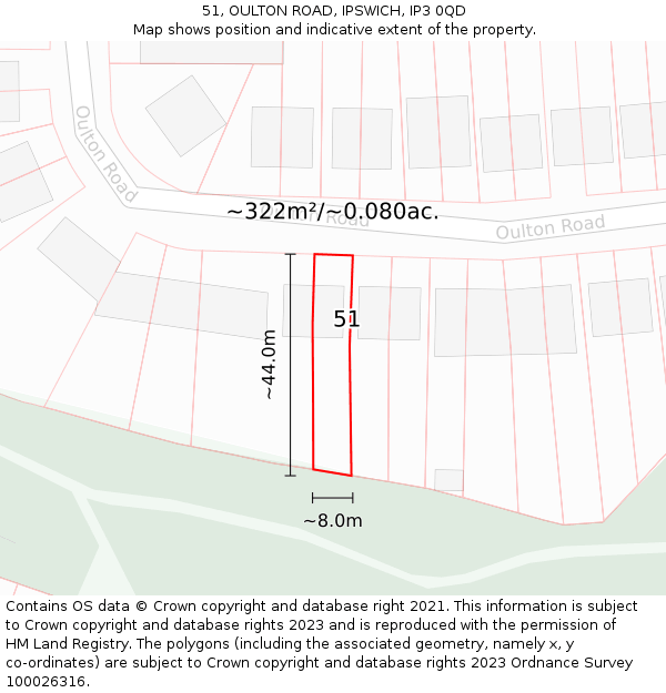 51, OULTON ROAD, IPSWICH, IP3 0QD: Plot and title map