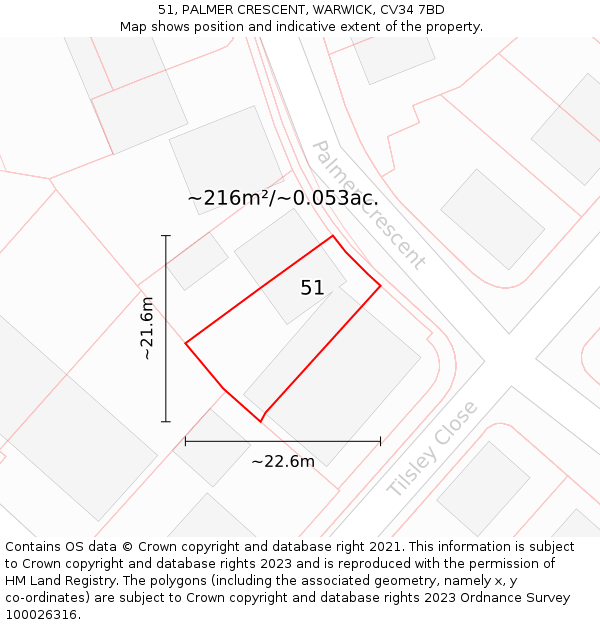 51, PALMER CRESCENT, WARWICK, CV34 7BD: Plot and title map